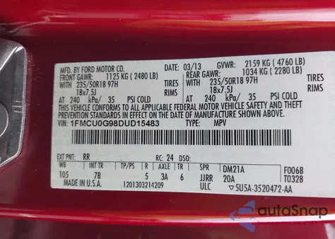 2013 Ford Escape Se from USA, damaged, VIN 1FMCU0G98DUD15483